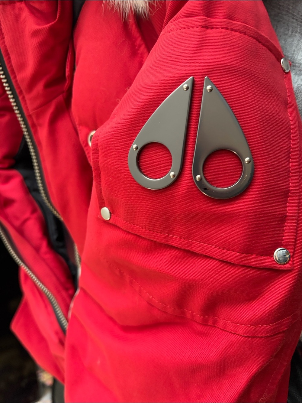 Moose Knuckles Kids Red Puffer Jacket with Signature Metal Teardrop Emblems